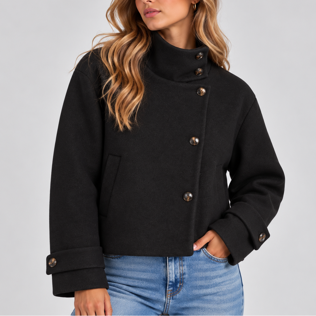 Women's cropped wool look jacket with an asymmetric button front and a high stand collar