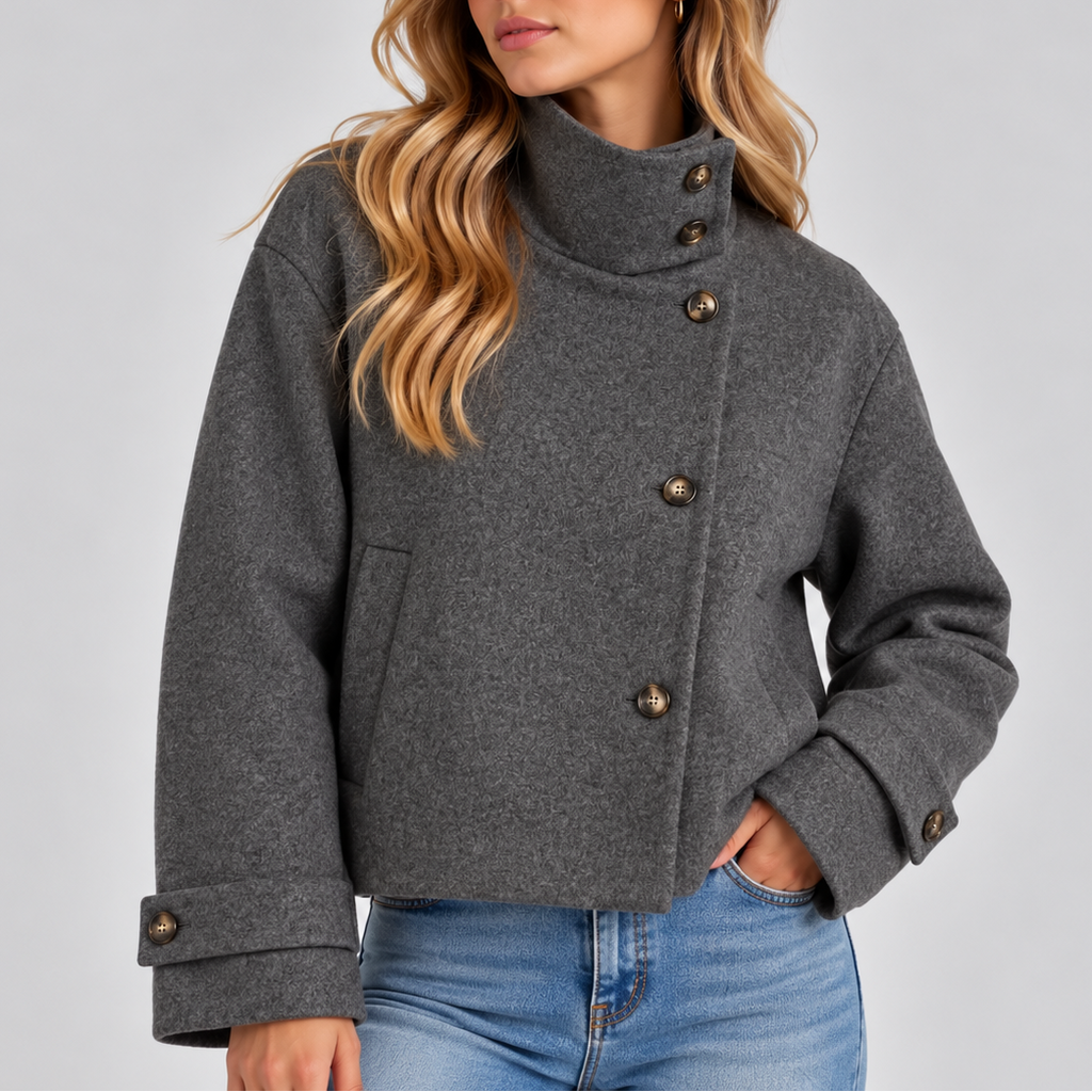 Women's cropped wool look jacket with an asymmetric button front and a high stand collar