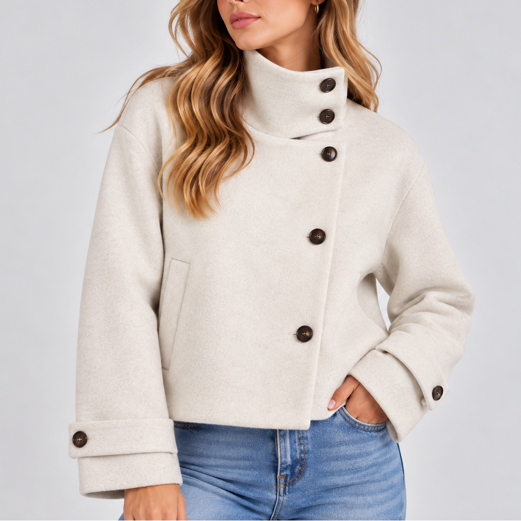 Women's cropped wool look jacket with an asymmetric button front and a high stand collar