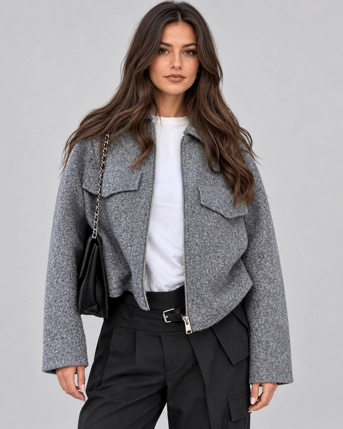 Women's Cropped Wool Blend Jacket with Zip Front and Collar