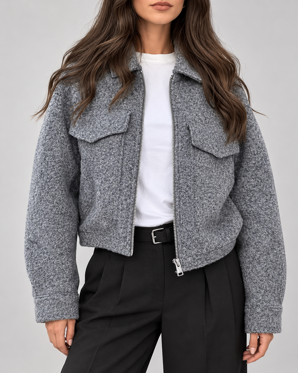 Women's Cropped Wool Blend Jacket with Zip Front and Collar