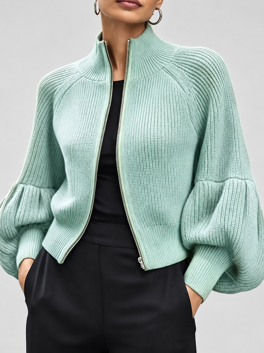 Women's Cropped Zip Up Cardigan with Stand Collar and Balloon Sleeves in Light Green – Front View