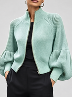 Women's Cropped Zip Up Cardigan with Stand Collar and Balloon Sleeves in Light Green – Front View