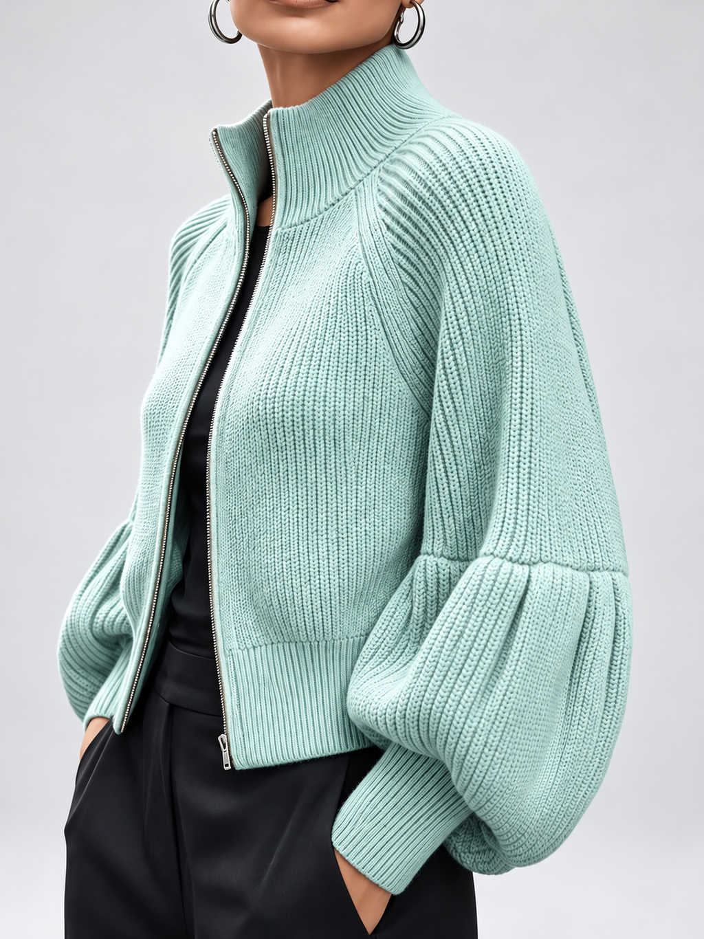 Women's Cropped Zip Up Cardigan with Stand Collar and Balloon Sleeves in Light Green – Side View