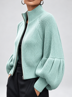 Women's Cropped Zip Up Cardigan with Stand Collar and Balloon Sleeves in Light Green – Side View