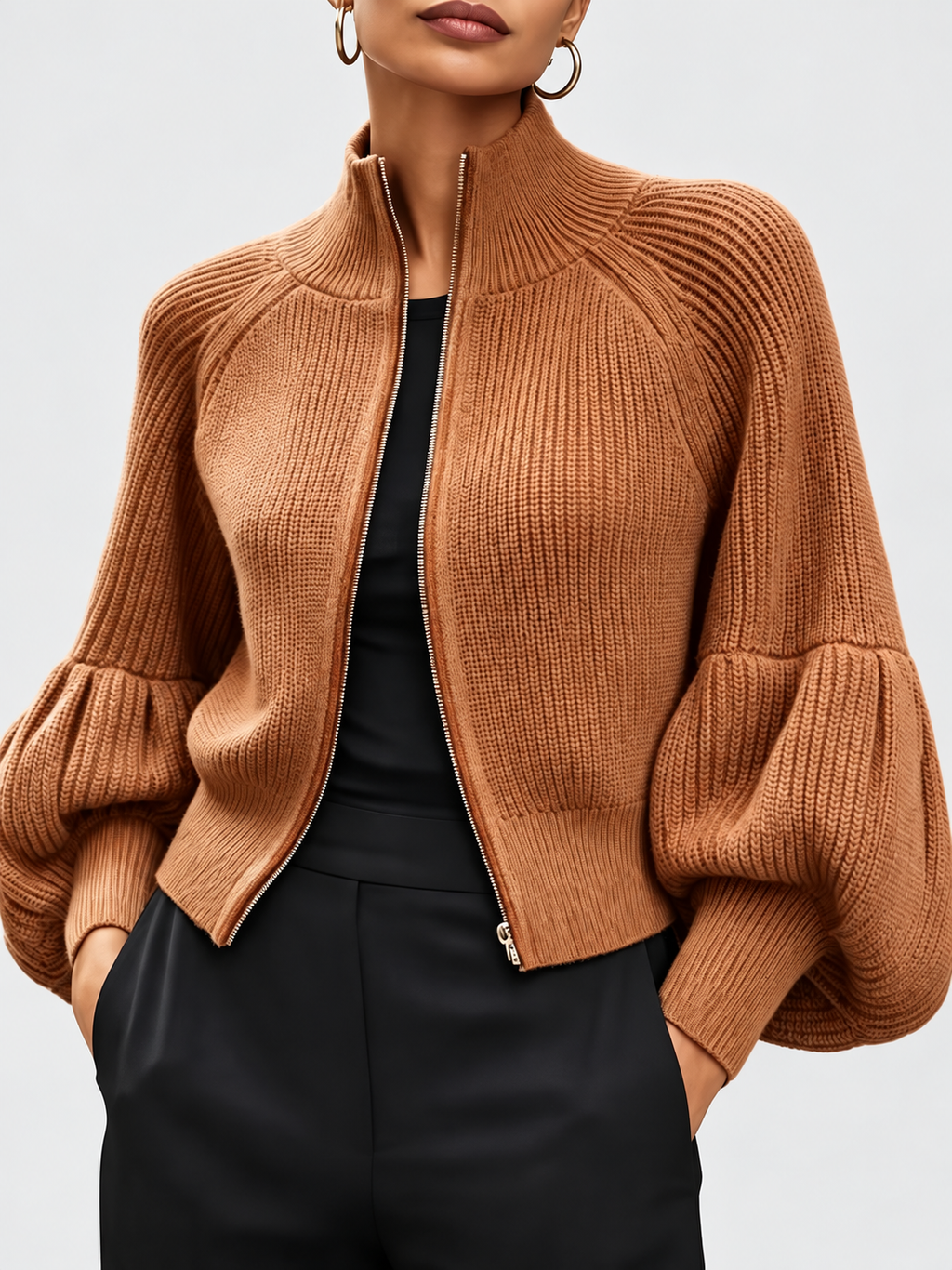 Women's Cropped Zip Up Cardigan with Stand Collar and Balloon Sleeves in Camel – Front View