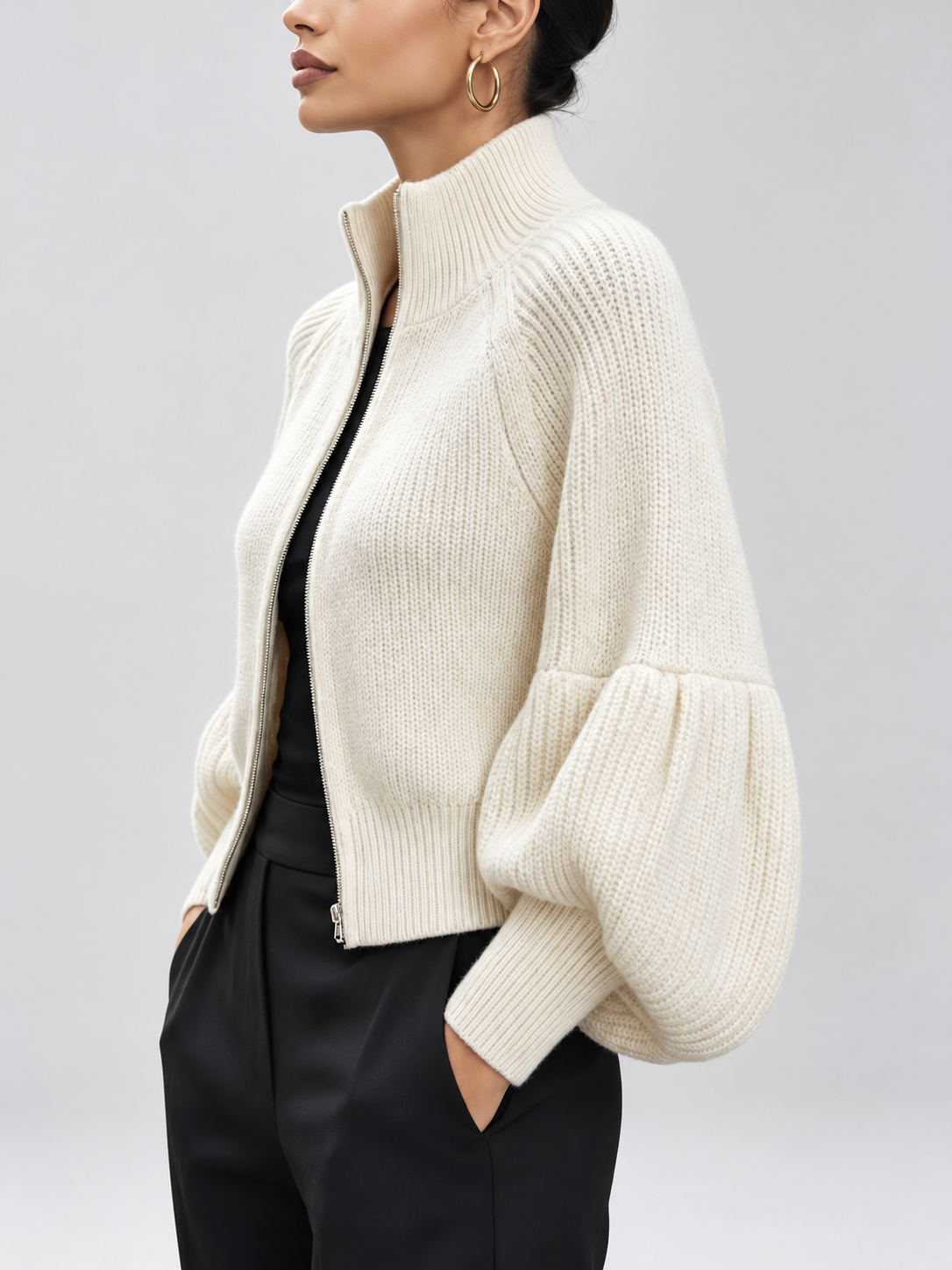 Women's Cropped Zip Up Cardigan with Stand Collar and Balloon Sleeves in Ivory White – Side View