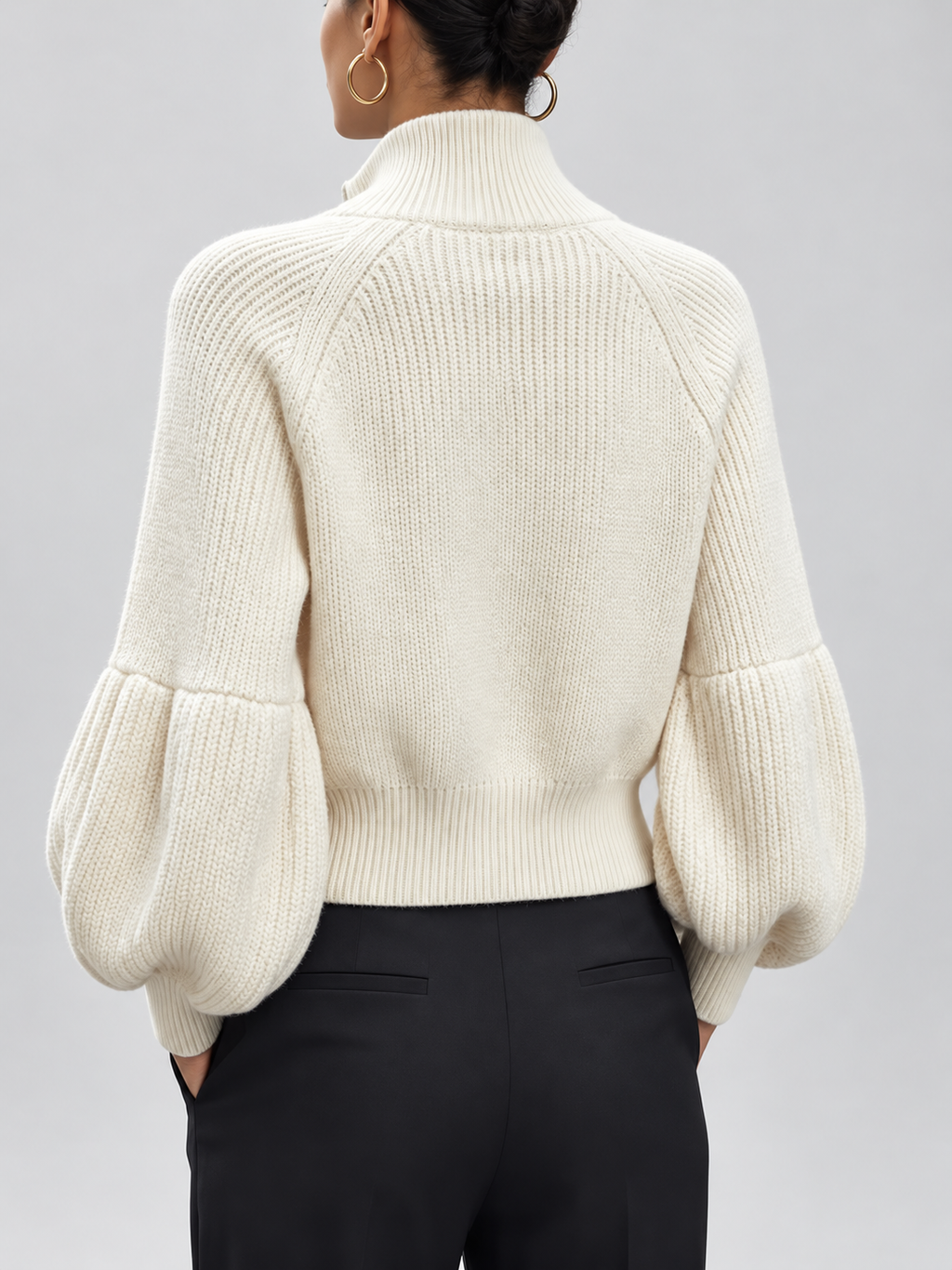 Women's Cropped Zip Up Cardigan with Stand Collar and Balloon Sleeves in Ivory White – Back View