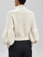 Women's Cropped Zip Up Cardigan with Stand Collar and Balloon Sleeves in Ivory White – Back View
