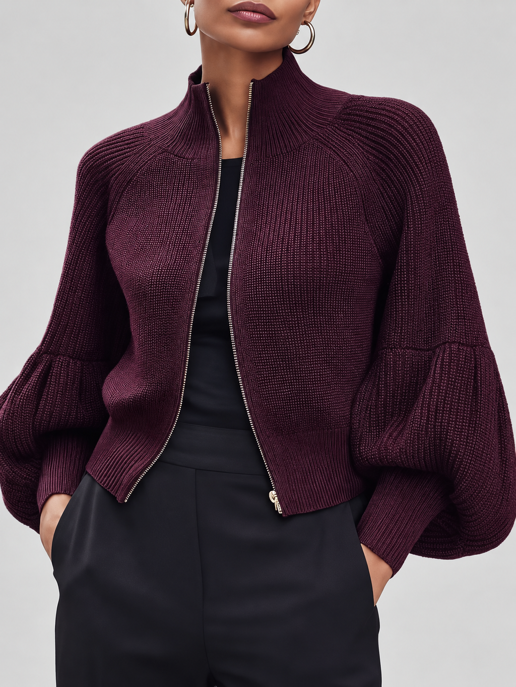 Women's Cropped Zip Up Cardigan with Stand Collar and Balloon Sleeves in Burgundy – Front View