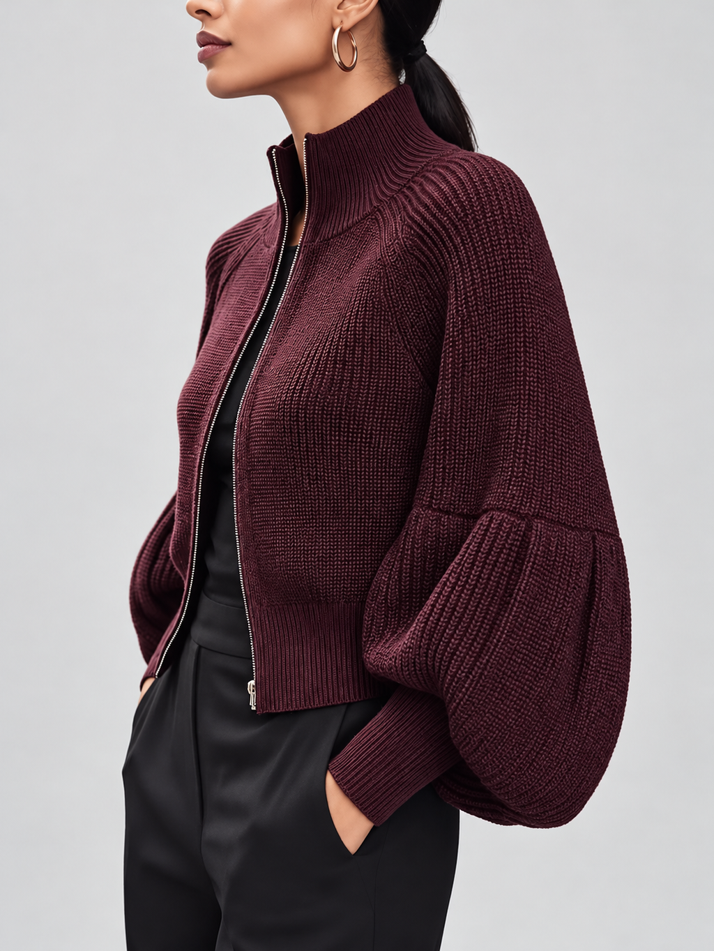 Women's Cropped Zip Up Cardigan with Stand Collar and Balloon Sleeves in Burgundy – Side View