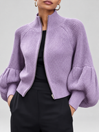 Women's Cropped Zip Up Cardigan with Stand Collar and Balloon Sleeves in Purple – Front View