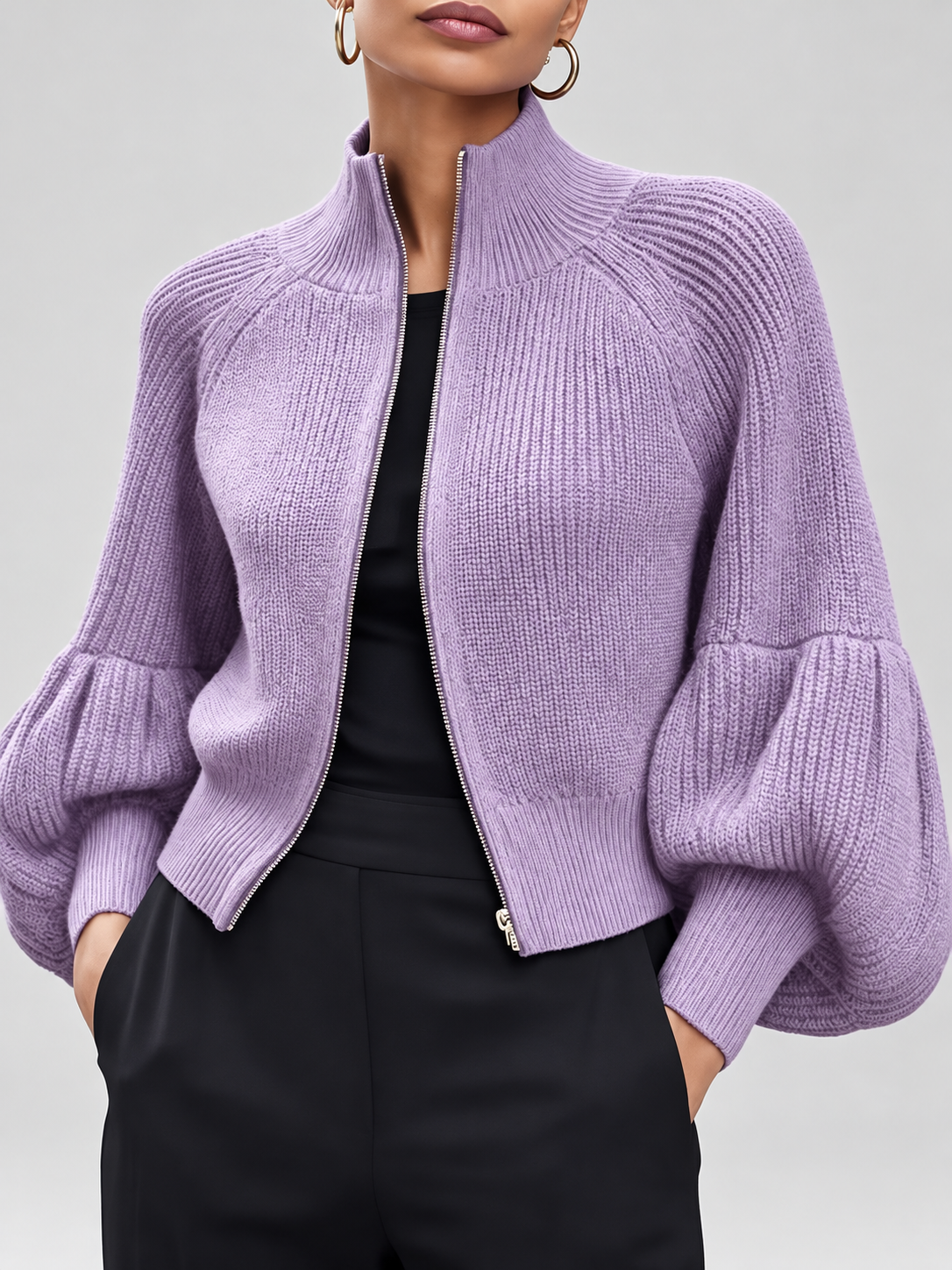 Women's Cropped Zip Up Cardigan with Stand Collar and Balloon Sleeves in Purple – Front View