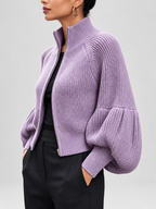 Women's Cropped Zip Up Cardigan with Stand Collar and Balloon Sleeves in Purple – Side View