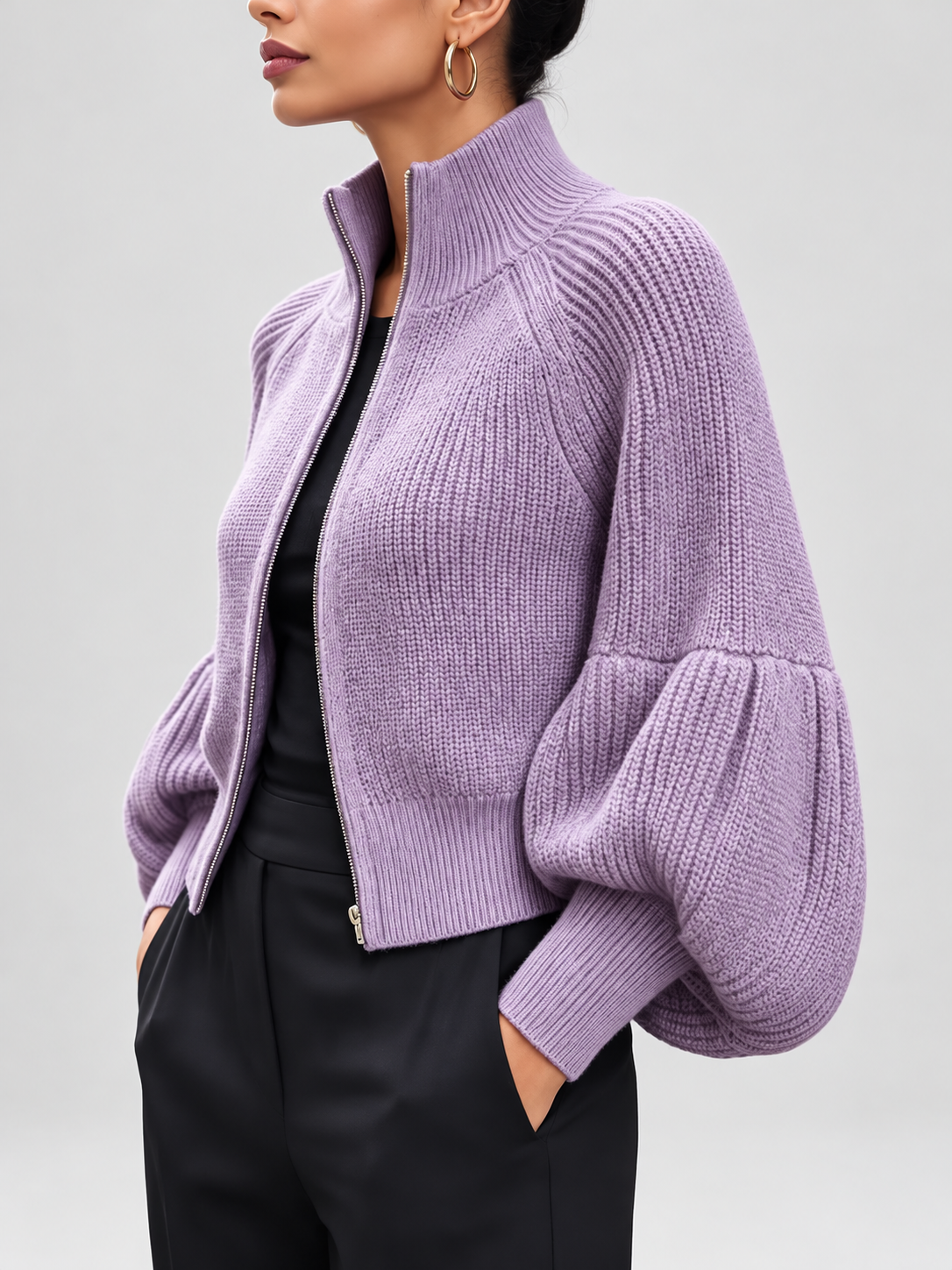 Women's Cropped Zip Up Cardigan with Stand Collar and Balloon Sleeves in Purple – Side View