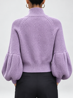 Women's Cropped Zip Up Cardigan with Stand Collar and Balloon Sleeves in Purple – Back View