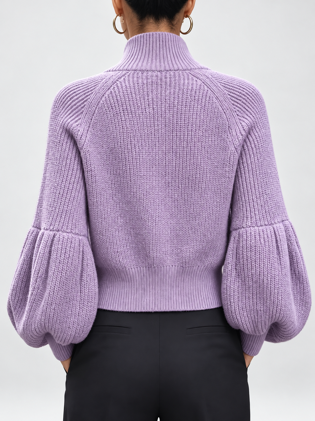 Women's Cropped Zip Up Cardigan with Stand Collar and Balloon Sleeves in Purple – Back View