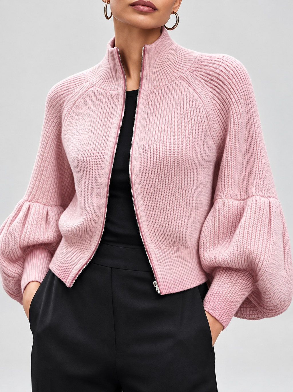 Women's Cropped Zip Up Cardigan with Stand Collar and Balloon Sleeves in Pink – Front View