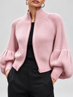 Women's Cropped Zip Up Cardigan with Stand Collar and Balloon Sleeves in Pink – Front View