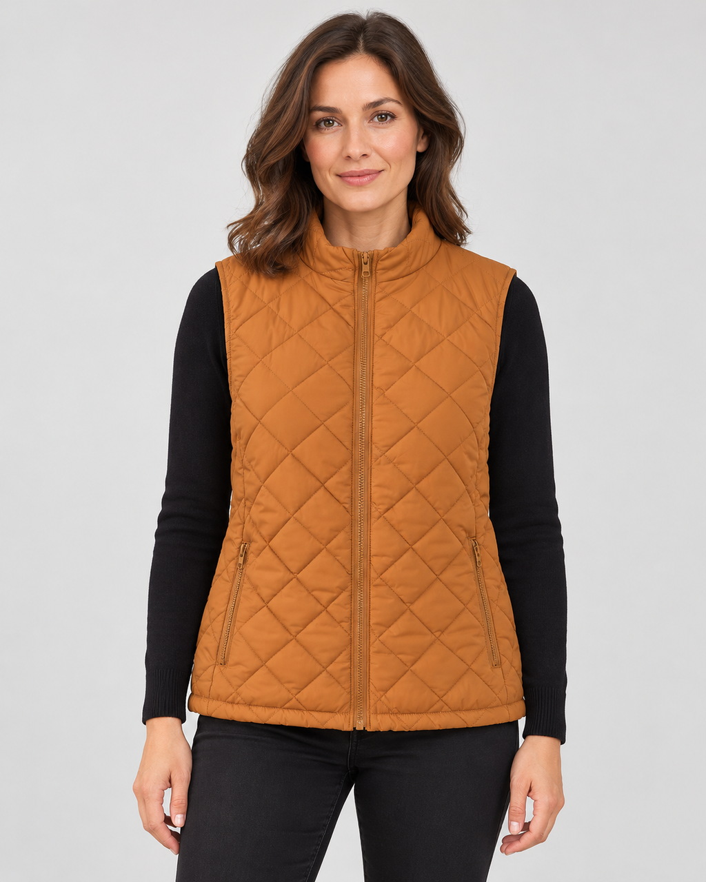 Women's Diamond Quilted Gilet with Stand Collar and Zip Pockets in Brown – photo 1