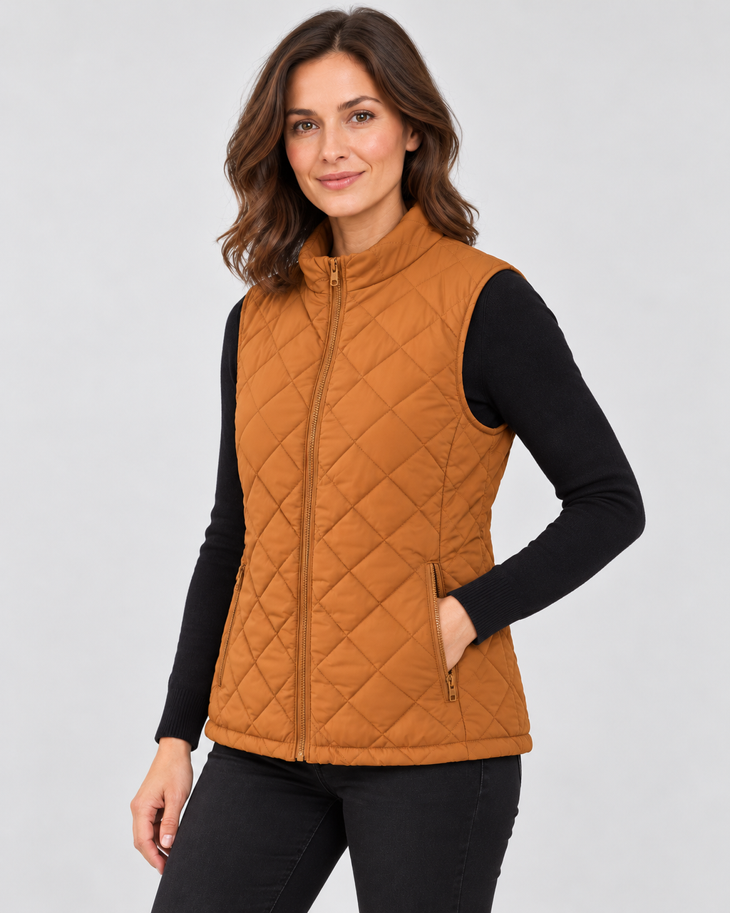 Women's Diamond Quilted Gilet with Stand Collar and Zip Pockets in Brown – photo 2