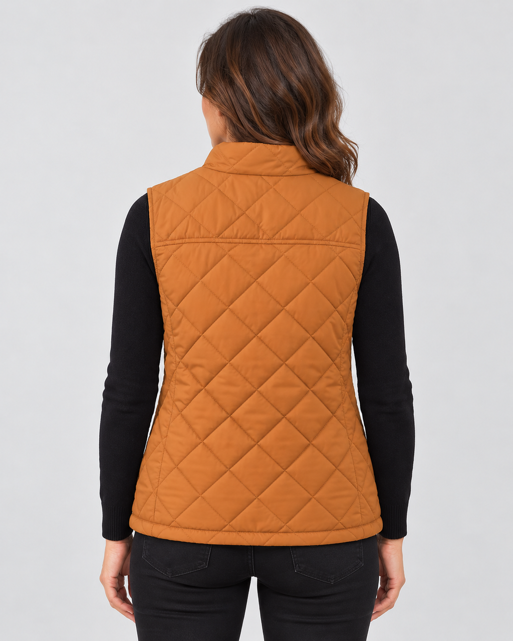 Women's Diamond Quilted Gilet with Stand Collar and Zip Pockets in Brown – photo 3