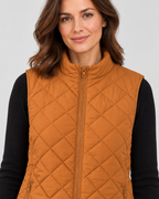 Women's Diamond Quilted Gilet with Stand Collar and Zip Pockets in Brown – photo 4