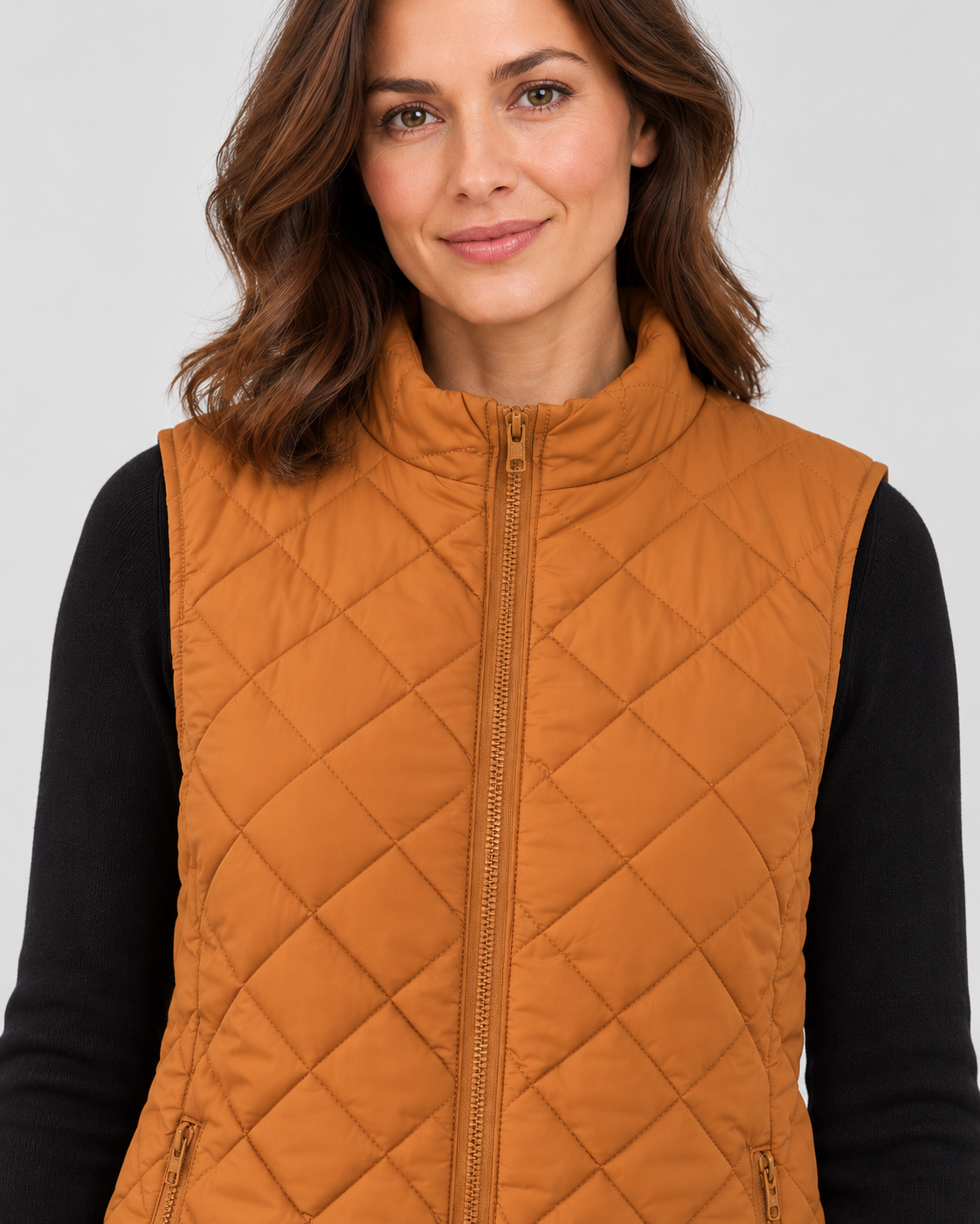 Women's Diamond Quilted Gilet with Stand Collar and Zip Pockets in Brown – photo 4