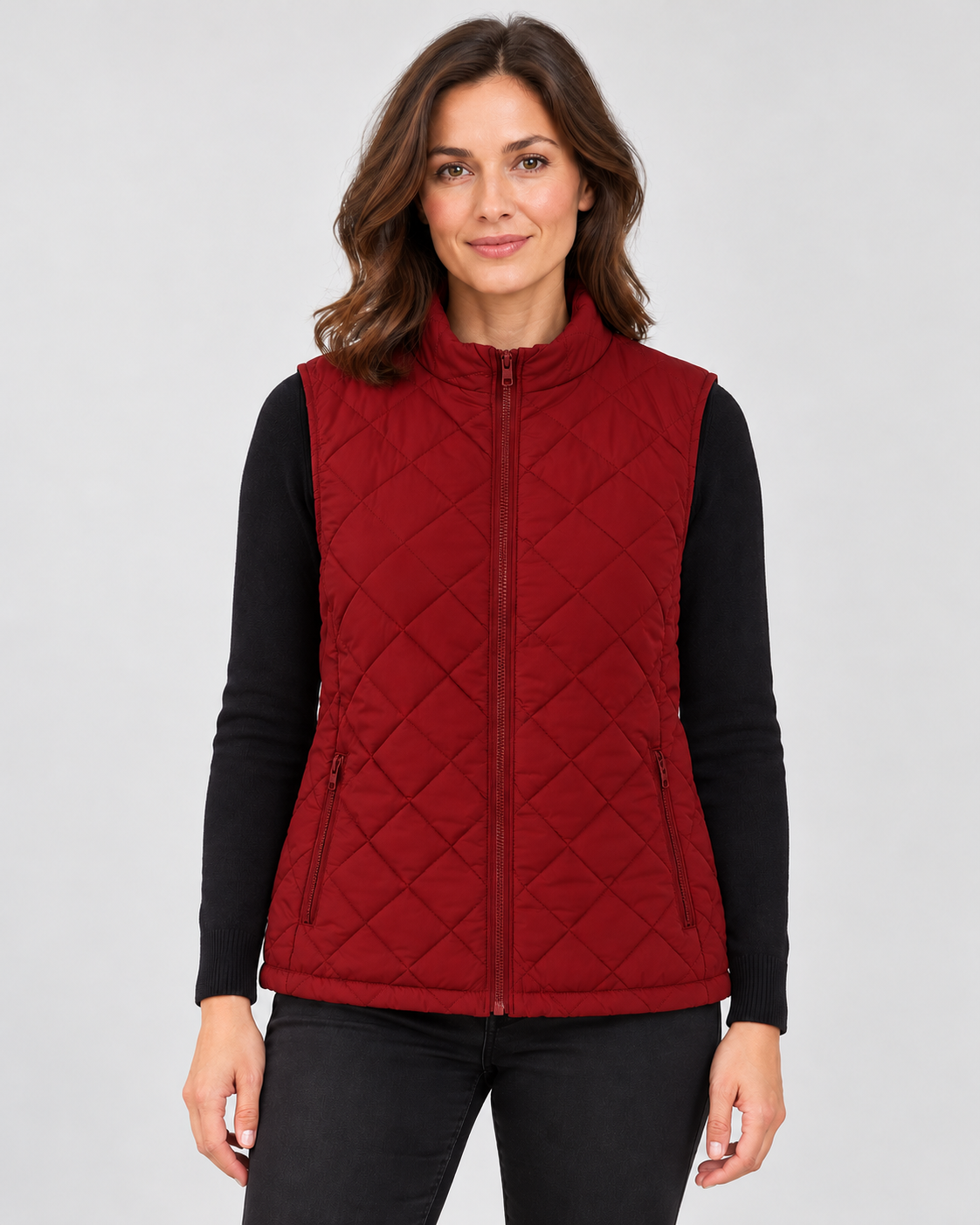 Women's Diamond Quilted Gilet with Stand Collar and Zip Pockets in Red – photo 1