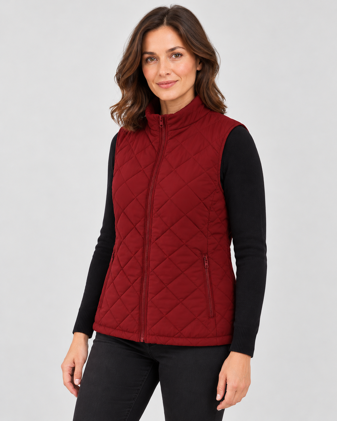 Women's Diamond Quilted Gilet with Stand Collar and Zip Pockets in Red – photo 2