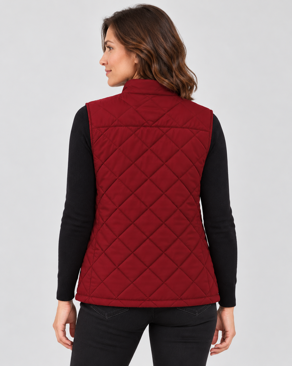 Women's Diamond Quilted Gilet with Stand Collar and Zip Pockets in Red – photo 3