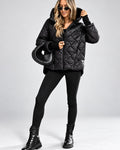 Women's Diamond Quilted Hooded Jacket with Zip Front and Ribbed Cuffs in Black – full length front view