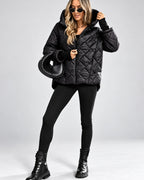 Women's Diamond Quilted Hooded Jacket with Zip Front and Ribbed Cuffs in Black – full length front view