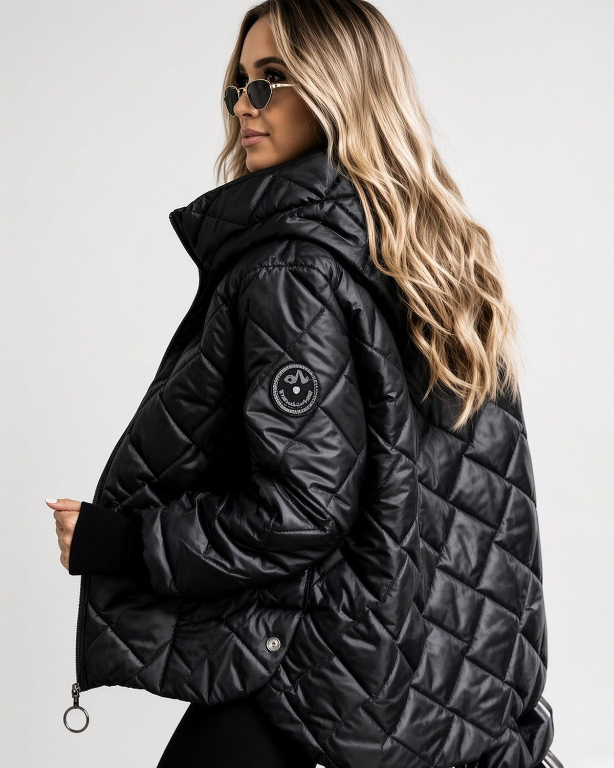 Women's Diamond Quilted Hooded Jacket with Zip Front and Ribbed Cuffs in Black – side view