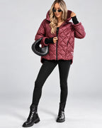 Women's Diamond Quilted Hooded Jacket with Zip Front and Ribbed Cuffs in Burgundy – full length front view
