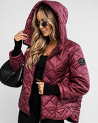 Women's Diamond Quilted Hooded Jacket with Zip Front and Ribbed Cuffs in Burgundy – hooded front view