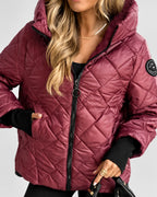Women's Diamond Quilted Hooded Jacket with Zip Front and Ribbed Cuffs in Burgundy – front view