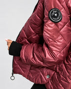 Women's Diamond Quilted Hooded Jacket with Zip Front and Ribbed Cuffs in Burgundy – sleeve detail