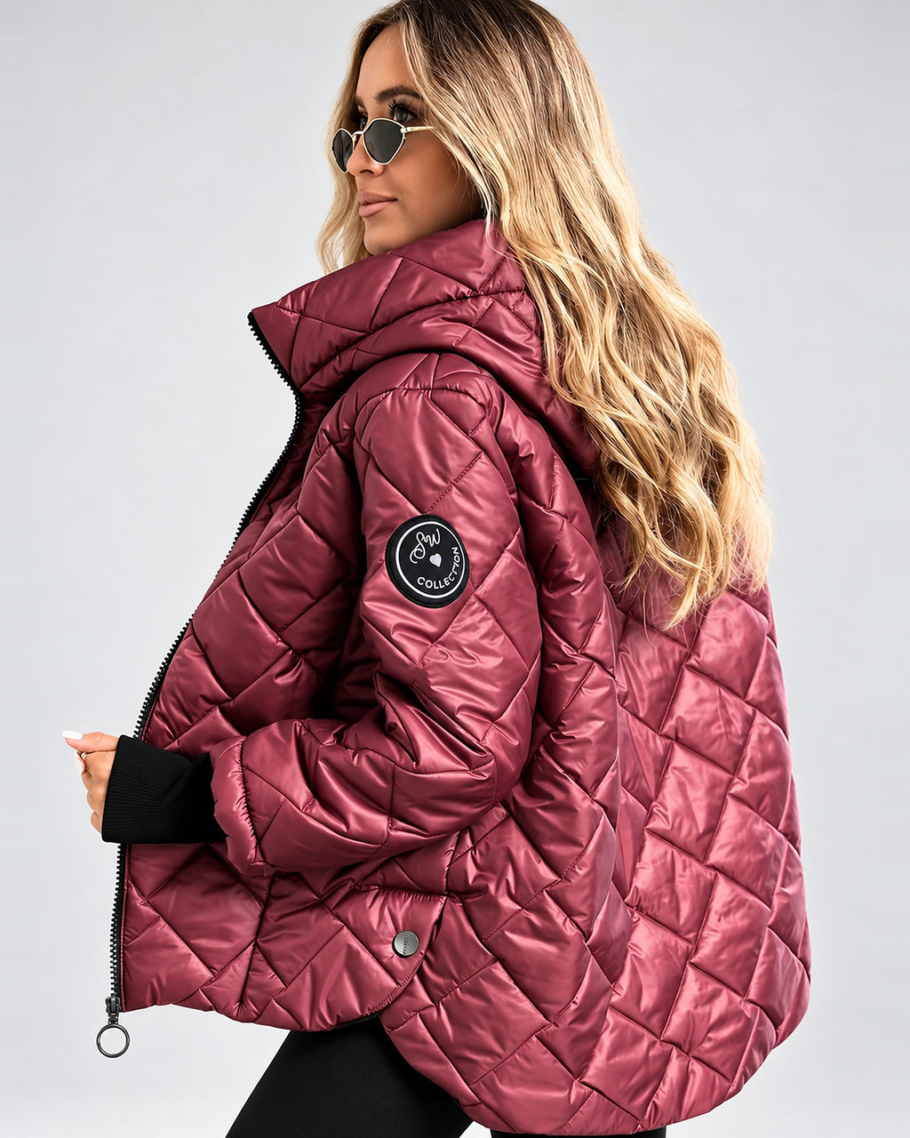 Women's Diamond Quilted Hooded Jacket with Zip Front and Ribbed Cuffs in Burgundy – side view