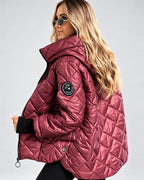 Women's Diamond Quilted Hooded Jacket with Zip Front and Ribbed Cuffs in Burgundy – side view