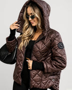 Women's Diamond Quilted Hooded Jacket with Zip Front and Ribbed Cuffs in Coffee – hooded front view