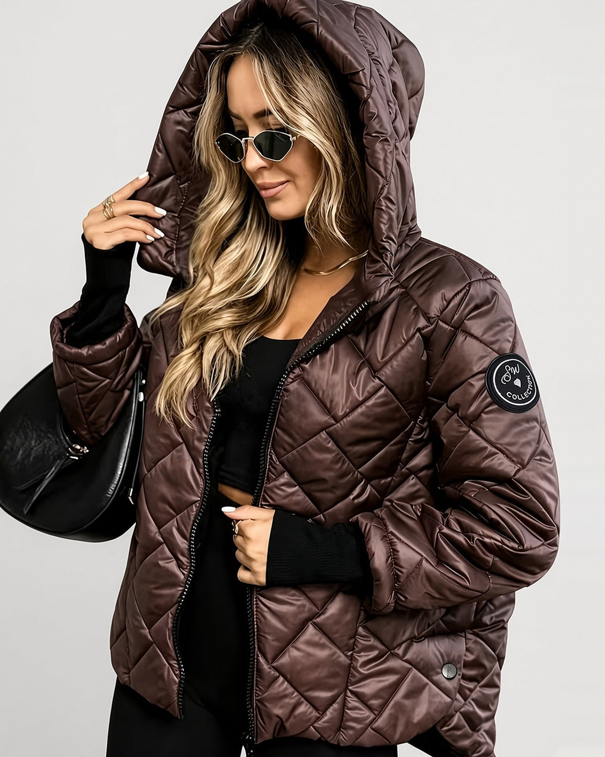 Women's Diamond Quilted Hooded Jacket with Zip Front and Ribbed Cuffs in Coffee – hooded front view