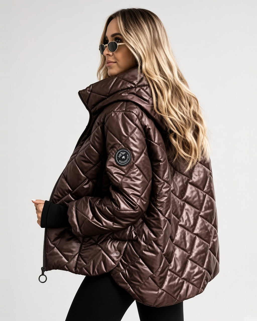 Women's Diamond Quilted Hooded Jacket with Zip Front and Ribbed Cuffs in Coffee – side view