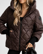 Women's Diamond Quilted Hooded Jacket with Zip Front and Ribbed Cuffs in Coffee – front detail view