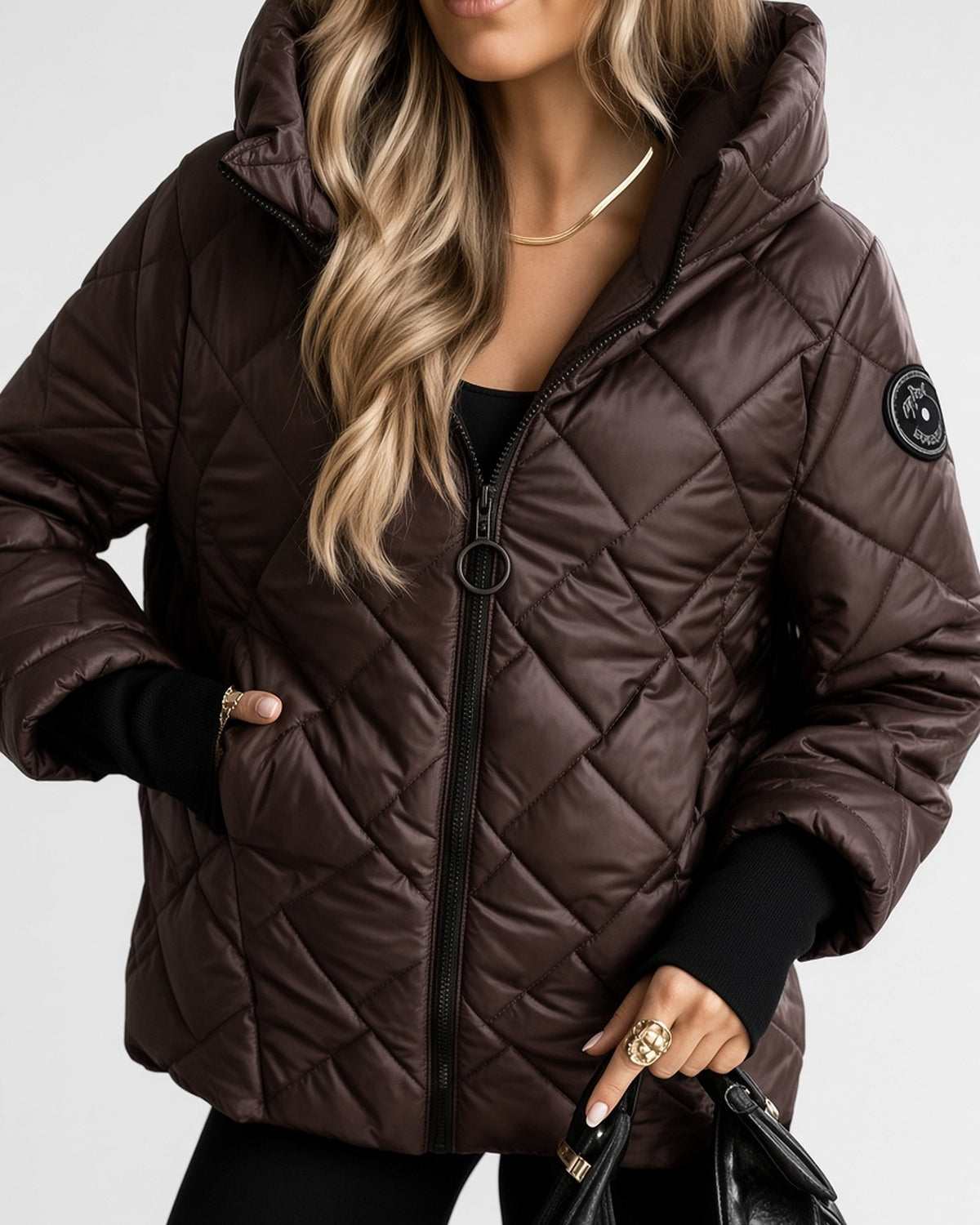 Women's Diamond Quilted Hooded Jacket with Zip Front and Ribbed Cuffs in Coffee – front detail view