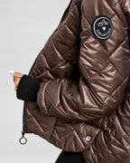 Women's Diamond Quilted Hooded Jacket with Zip Front and Ribbed Cuffs in Coffee – sleeve detail