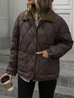 Women's Diamond Quilted Jacket with Snap Front and Ribbed Collar