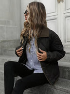 Women's Diamond Quilted Jacket with Snap Front and Ribbed Collar