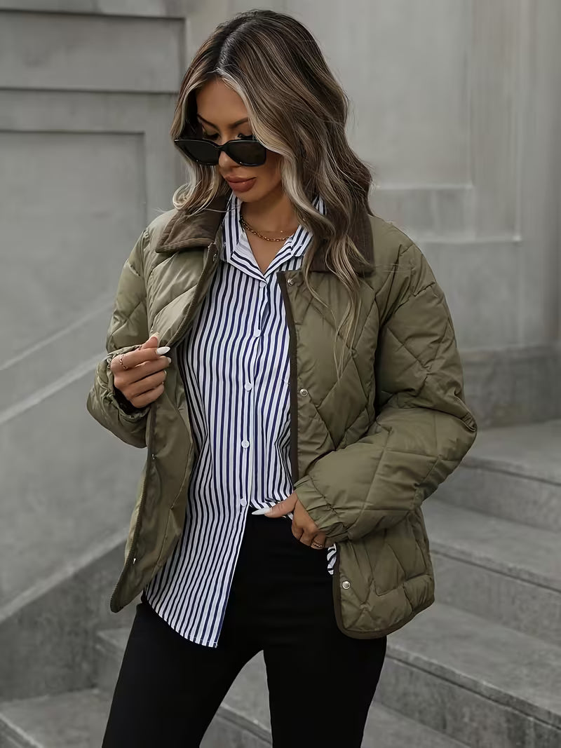Women's Diamond Quilted Jacket with Snap Front and Ribbed Collar
