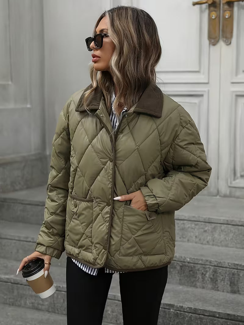Women's Diamond Quilted Jacket with Snap Front and Ribbed Collar